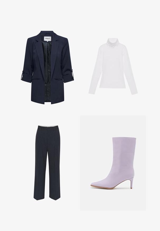 Marineblå blazer med skræddersyet design, blødt stof, rullede ærmer sikret med bånd og to frontlommer. Foret indvendig.; Hvid langærmet turtle-neck top lavet af glat, strækbart stof. Har en høj krave og tætsiddende design, uden synlige mønstre eller udsmykninger.; Mørkeblå bukser med hvide lodrette striber, vide ben, glat stof, bælteløkker og en midtersøm foran for et skræddersyet udseende.; Even&Odd Høje støvler/ Støvler - purple