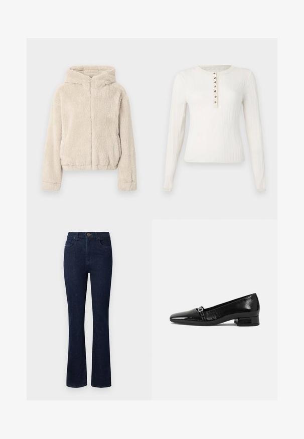 Beige hættetrøjejakke lavet af blødt materiale. Har en fuld lynlås foran, lange ærmer og en let kortet kant.; Langærmet cremefarvet sweater med ribbet tekstur, der har en rund hals og syv dekorative knapper foran.; Mørkeblå denim jeans med design i flared ben, fem lommer og knaplukning i taljen. Glat tekstur med minimal syning.; Sorte patentlæder balletflade med spids tå, lav firkantet hæl og en lille metallisk spænde detalje på remmen. Glat tekstur.