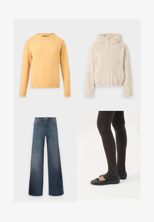 Veste à capuche beige en matériau duveteux. Dotée d'une fermeture éclair intégrale à l'avant, de manches longues et d'un ourlet légèrement raccourci.; Pull tricoté jaune à manches longues avec col rond, poignets et ourlet côtelés sur fond gris clair.; Jeans en denim à jambes larges de couleur bleu foncé, avec une finition déchirée, fermeture à bouton et style à cinq poches. Texture lisse, détails de couture minimalistes.; Jambes portant des leggings côtelés foncés associés à des ballerines noires avec de petits détails en nœud sur fond blanc.