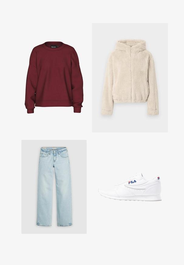 Beige hættetrøjejakke lavet af blødt materiale. Har en fuld lynlås foran, lange ærmer og en let kortet kant.; Bordeaux sweatshirt med rund hals, afslappet pasform, lange ærmer, ribbede manchetter og en blød bomuldsblanding. Simpelt design, ingen mønstre.; Lyseblå jeans med vid benvidde, lavet af denim. Har klassisk fem-lomme-design, knaplukning og syning på lommerne.; Hvid FILA sneaker med snørelukning, lav profil sål og mærkelogo i blå og rød på siden og hælen.