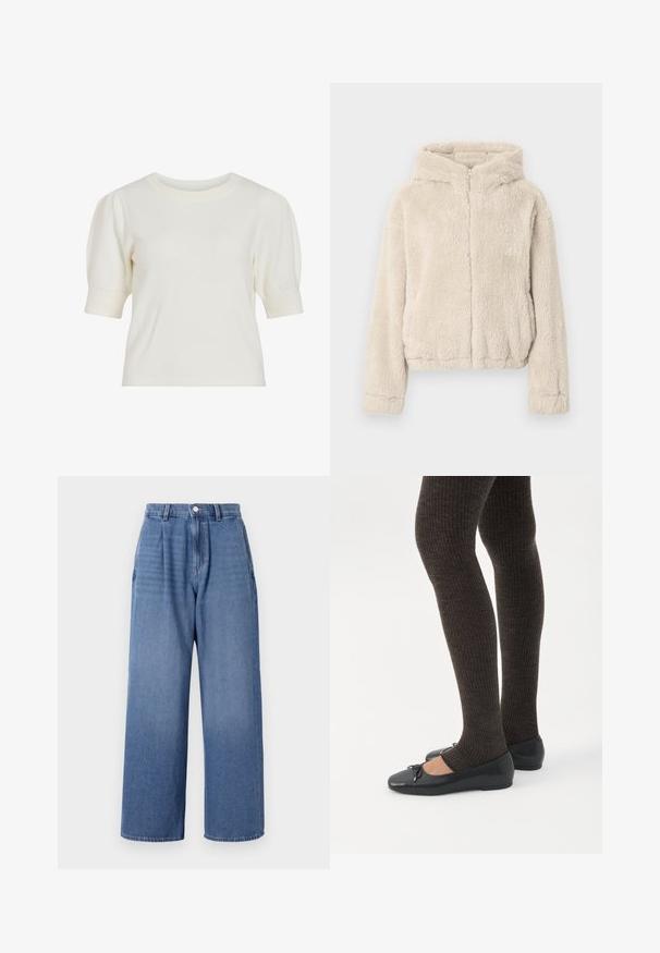 Veste à capuche beige en matériau duveteux. Dotée d'une fermeture éclair intégrale à l'avant, de manches longues et d'un ourlet légèrement raccourci.; Top en tricot blanc à manches courtes avec un col rond et des manches bouffantes. Texture lisse et silhouette ajustée, adapté pour un look décontracté.; Jean large en denim bleu clair à taille haute, avec des plis, une fermeture à bouton et un ourlet brut en bas.; Jambes portant des leggings côtelés foncés associés à des ballerines noires avec de petits détails en nœud sur fond blanc.
