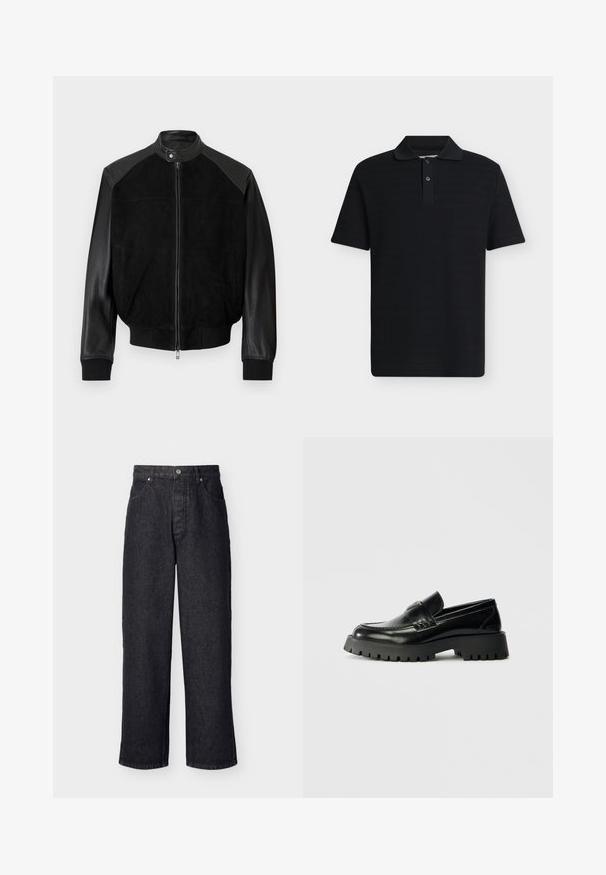 Veste bomber noire avec manches en cuir, corps en daim, fermeture éclair frontale, col à bouton-pression, poignets et ourlet côtelés.; Polo noir manches courtes avec une patte à deux boutons et un col classique, présenté sur un fond gris clair uni.; Jean en denim noir, taille haute et jambes droites, avec fermeture à boutons et poches avant, présenté sur un fond clair uni.; Mocassins en cuir noir avec une semelle en caoutchouc texturé et épais, dotés d'une sangle à l'avant et d'un logo discret sur le talon.