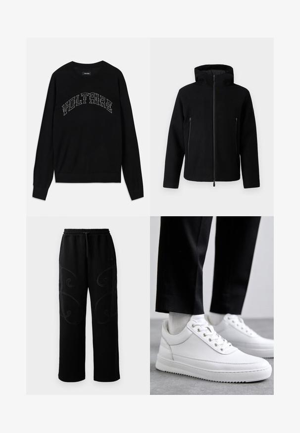 Veste à capuche noire en polar, dotée d'une fermeture éclair et de deux poches zippées à l'avant. Texture lisse avec un design moderne.; Pull noir avec un col rond et des manches longues. "VOLTAIRE" en couture contrastée sur la poitrine. Texture douce et design ajusté.; Pantalons de jogging noirs avec une coupe décontractée, présentant des motifs de couture tourbillonnants complexes sur les côtés et une ceinture élastique avec cordon de serrage.; Baskets blanches en cuir avec une semelle en caoutchouc plat, présentant une finition lisse, un bout rond et des œillets en métal pour les lacets. Portées avec un pantalon noir.