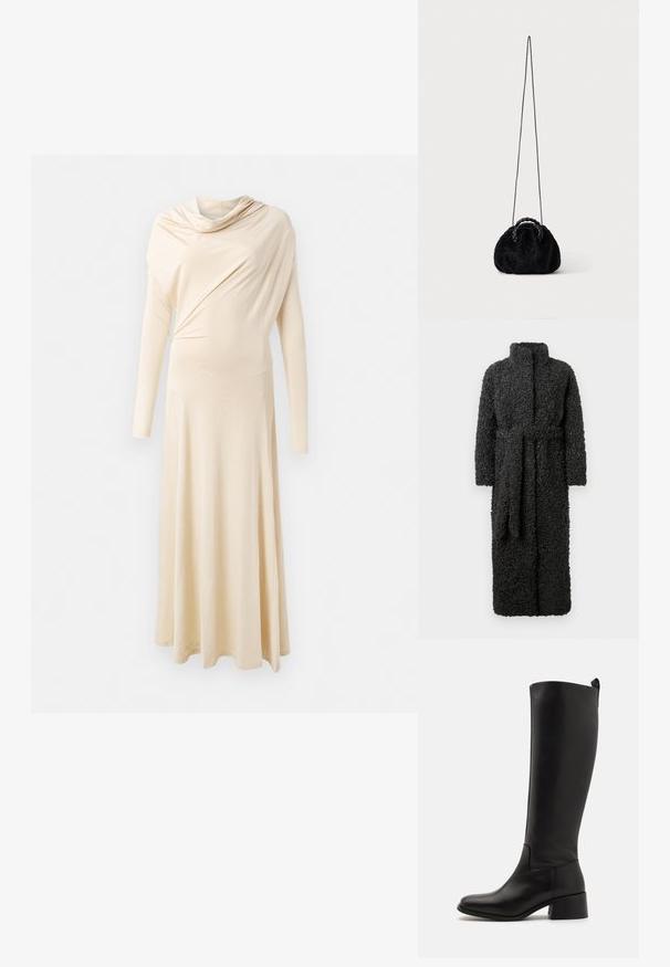 Robe noire longue et texturée avec un col montant et une ceinture, réalisée en matériau en fil pelucheux et présentant une silhouette droite.; Robe beige à manches longues en tissu doux et drapé. Présente un col bénitier et une silhouette fluide qui descend jusqu'au sol.; Botte noire montée à hauteur de genou en cuir lisse avec un talon blocs, une pointe arrondie et un design élégant sans embellissement.; Petit sac à main noir en fausse fourrure avec poignées tressées sur le dessus et longue bandoulière fine sur fond uni.