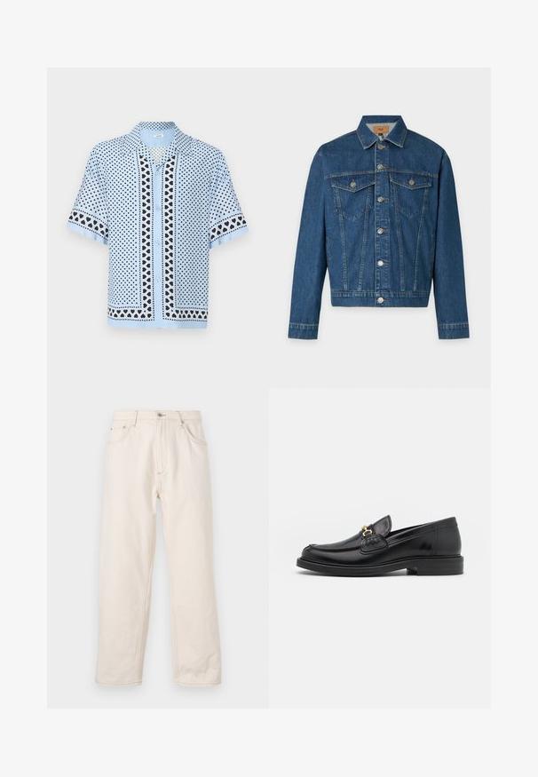 Μπλε denim μπουφάν με κούμπωμα με κουμπιά στο μπροστινό μέρος, δύο τσέπες στήθους με καπάκια και κουμπιά, και μακριά μανίκια σε ανοιχτό γκρι φόντο.; Ανοιχτό μπλε πουκάμισο με κοντά μανίκια και κουμπιά, με μοτίβο από μαύρες και λευκές καρδιές σε όλο το ύφασμα, καθώς και στα μανίκια και τα εμπρόσθια περιθώρια.; Μπεζ τζιν παντελόνι ίσιας γραμμής, κατασκευασμένο από τζιν ύφασμα, με κουμπί κλεισίματος, πέντε τσέπες και ορατές λεπτομέρειες ραφής. Λείο ύφασμα.; Μαύρες δερμάτινες loafers με στρογγυλή μύτη, διακοσμημένες με χρυσά αξεσουάρ και λεπτομέρειες ραφής, τοποθετημένες σε χαμηλή, υφασμάτινη ελαστική σόλα.