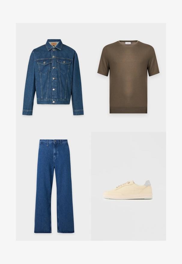 Μπλε denim μπουφάν με κούμπωμα με κουμπιά στο μπροστινό μέρος, δύο τσέπες στήθους με καπάκια και κουμπιά, και μακριά μανίκια σε ανοιχτό γκρι φόντο.; Πουλόβερ πλεκτό βισσινόχρωμο με κοντά μανίκια, στρογγυλή λαιμόκοψη και ριμπ τελείωμα, εμφανίζεται σε απλό λευκό φόντο.; Μπλε ψηλόμεσο τζιν παντελόνι με φαρδιά μπατζάκια, θηλιές για ζώνη και κούμπωμα με κουμπιά, εμφανιζόμενο επίπεδα σε ανοιχτό φόντο.; Χαμηλού τύπου μπεζ αθλητικό παπούτσι με κορδόνια μπροστά, ροζ ανοιχτή σόλα και γκρι πίσω τμήμα με την επωνυμία "Filling Pieces", εμφανίζεται σε πλευρική όψη σε απλό φόντο.