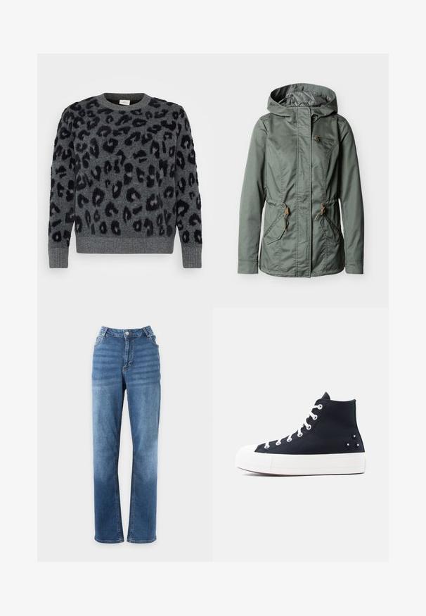 Chaqueta verde con capucha, cremallera frontal, dos bolsillos delanteros con solapas, un bolsillo en el pecho con cremallera y ajustes con cordón en la cintura.; Suéter gris con manchas negras de leopardo, con cuello redondo y puños acanalados, hecho de un material suave y texturizado.; Vaqueros azules de pierna recta con cierre de botón y cremallera, bolsillos delanteros y traseros, mostrados sobre un fondo blanco liso.; Zapatilla de lona negra de caña alta con suela de goma blanca, cordones blancos y tres pequeñas cuentas decorativas negras cerca del talón.