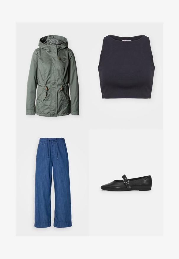 Groene jas met capuchon, voorrits, twee voorzakken met kleppen, een ritssluiting op de borstzak en tailleaanpassingen met trekkoord.; Zwarte geribbelde crop top met een ronde halslijn en zonder mouwen. Glad textuur, aansluitende pasvorm en minimalistische stijl.; Blauwe denimbroek met wijde pijpen, elastische tailleband en trekkoord, met een klein voorvakdetail.; Zwarte leren platte schoen met een ronde neus, een enkele verstelbare gespsluiting en een gladde, glanzende textuur. Minimalistisch ontwerp met een lage hak.