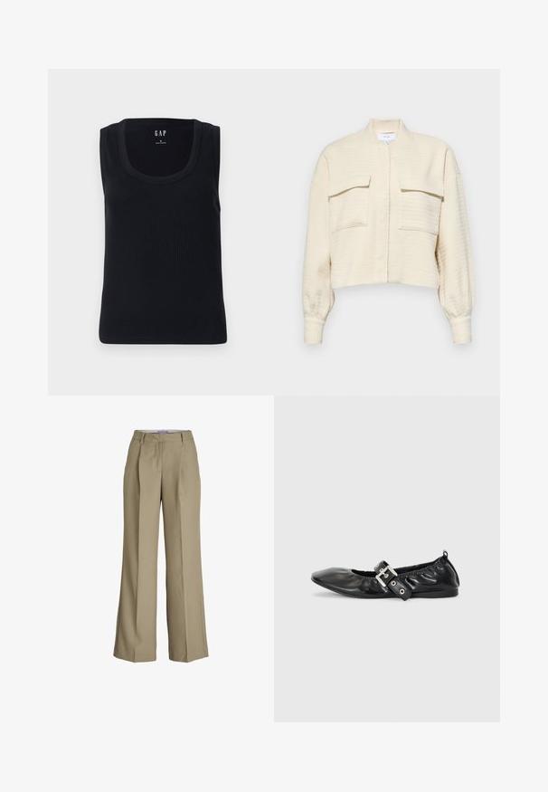 Beskåret cremefarvet jakke med struktureret stof, der har lynlås foran, stående krave og to brystlommer med knapklapper.; Sort ribbet tanktop med rund halsudskæring, ærmeløs design og tætsiddende silhuet. Mærket er vist i den øverste midte.; Beige vide ben bukser med høj talje, frontfolder og en glat stoftekstur. Klassisk design med en skræddersyet finish.; Sorte læder flade sko med spids tå, samling detaljer omkring åbningen, og en sølv spænde accent på den justerbare rem.