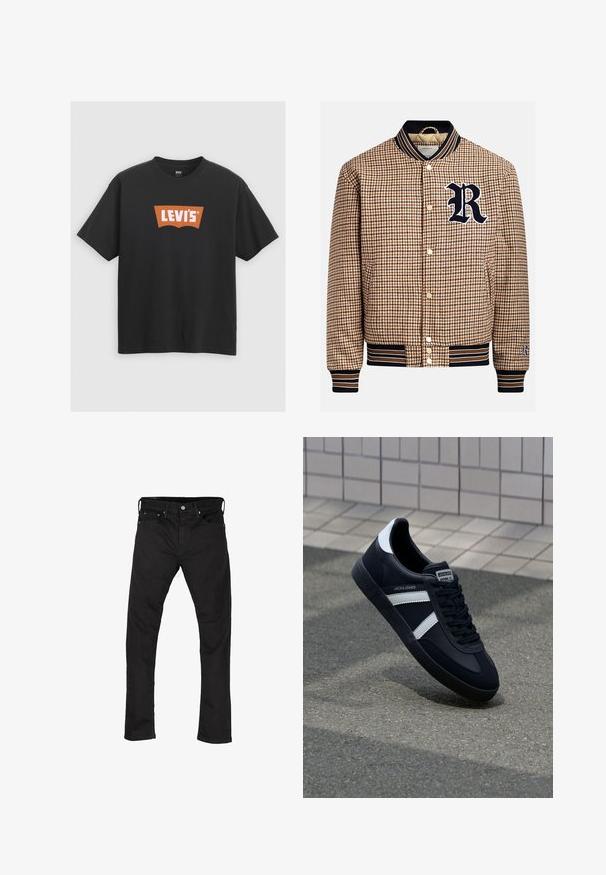 Bruine bomberjack met houndstoothpatroon, voorzien van een marineblauwe geribbelde kraag en boorden, met een witte geborduurde 'R' en gouden drukknoopjes.; Zwarte katoenen t-shirt met een groot oranje Levi's logo op de voorkant, korte mouwen en een ronde hals.; Zwarte spijkerbroek van denim met een rechte pijp, vijf zakken en een metalen knoopsluiting. Gladde textuur en uniforme kleur door het hele ontwerp.; Zwarte leren sneaker met witte strepen, een gestructureerde rubberen zool en vetersluiting aan de voorkant. Voorzien van een merklabel op de tong.
