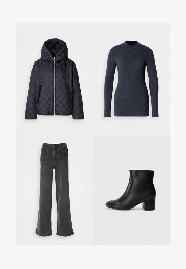 Quiltet dunjakke i marineblå med høj krave, lynlåslukning foran og sidelommer. Fremstillet af glat, let materiale.; Mørkegrå langærmet turtleneck-top lavet af blødt stof, med en tætsiddende pasform og glat tekstur uden synlige mønstre eller hardware.; Høj talje, brede ben sorte jeans lavet af denim, med knaplukning, bæltestropper og to baglommer med syninger.; Sorte læder ankelstøvler med spids tå og en kraftig hæl. Glat tekstur med minimale detaljer og et slankt, tætsiddende design.