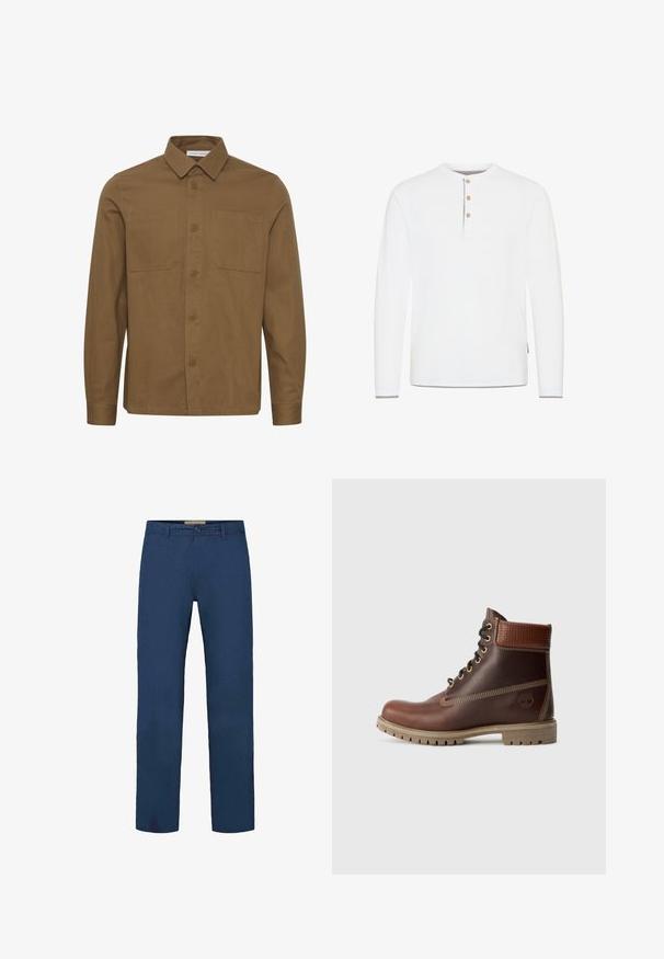 Chemise marron à manches longues en coton, avec un col pointu, deux poches poitrine et des poignets à boutons.; Chemise blanche à manches longues avec un col rond, patte de boutonnage à trois boutons et bordures grises contrastantes aux poignets et à l'ourlet.; Pantalon en coton bleu marine avec une coupe droite, doté d'une fermeture à boutons à l'avant et de poches latérales visibles. Texture lisse.; Bottine en cuir marron à lacets, avec un col rembourré, des coutures contrastées et une semelle robuste, vue de l'extérieur sur un fond blanc.