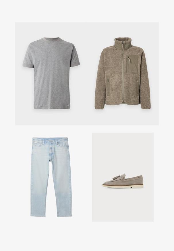 Fleecejacke in Beige mit plüschiger Textur, hohem Kragen, durchgehendem Reißverschluss und zwei seitlichen Taschen. Verfügt über eine Brusttasche mit Reißverschluss.; Graues T-Shirt mit kurzen Ärmeln aus weicher Baumwolle. Verfügt über einen runden Halsausschnitt mit kontrastierendem Besatz und einen geraden Saum am unteren Ende.; Hellblaue Jeans mit geradem Bein, vorderer Knopf- und Reißverschluss, Fünf-Taschen-Design und Calvin Klein-Logoetikett auf der rechten vorderen Tasche.; Hellbrauner Wildleder-Slipper mit Quasten, niedriger beiger Sohle und „BOSS“-Logo im Fersenbereich, seitlich auf weißem Hintergrund gezeigt.