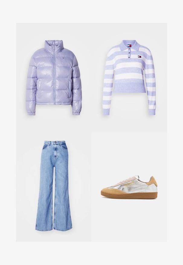Veste matelassée violette clair avec un col montant, fermeture éclair sur le devant et poignets élastiques. Matériau lisse et brillant avec des panneaux cousus.; Sweater polo rayé violet clair et blanc avec un col, une fermeture à trois boutons, des poignets côtelés et un petit logo sur la poitrine gauche.; Jeans en denim bleu clair à jambes larges avec une taille haute, des poches avant et des coutures surpiquées. Le tissu a une légère texture typique du denim.; Baskets en suède argent et beige avec une semelle en caoutchouc texturée, des lacets beiges et un logo imprimé en jaune sur le côté.
