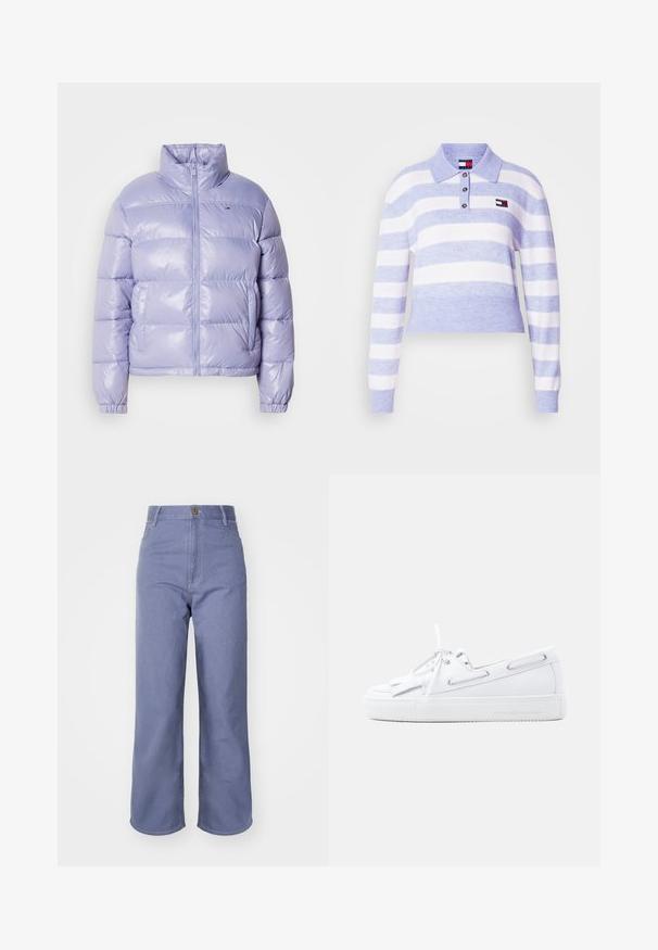 Chaqueta de plumas morada clara con cuello alto, cremallera frontal y puños elásticos. Material suave y brillante con paneles cosidos.; Suéter polo a rayas morado claro y blanco con cuello, cierre de tres botones, puños acanalados y un pequeño logo en el lado izquierdo del pecho.; Vaqueros de pierna ancha en azul claro, confeccionados en denim, que presentan una cintura alta, cierre frontal con botón y costuras visibles en los bolsillos y las costuras.; Zapato náutico de cuero blanco con cordones en la parte delantera, ojales laterales, detalle de borla y suela plana de goma sobre fondo claro liso.