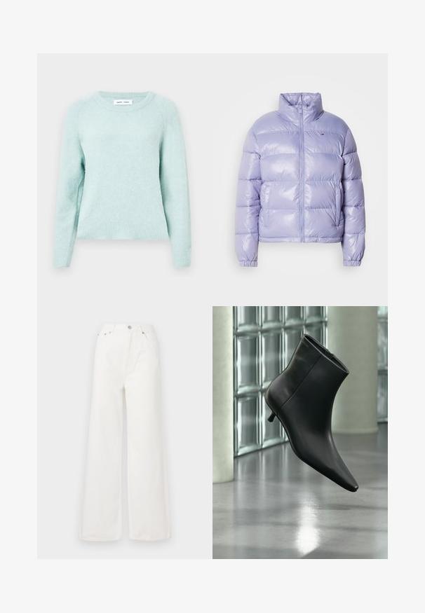 Chaqueta de plumas morada clara con cuello alto, cremallera frontal y puños elásticos. Material suave y brillante con paneles cosidos.; Suéter ligero en verde menta hecho de una tela suave y texturizada. Presenta un cuello redondo y puños acanalados. Corte clásico con mangas raglán.; Jeans de mezclilla de cintura alta y pierna ancha en color blanco. Cuenta con bolsillos delanteros, un cierre de botón y detalles de dobladillo deshilachado.; Botín negro de cuero con punta puntiaguda y tacón bajo estilo kitten, mostrado en ángulo sobre un suelo pulido y con una pared de bloques de vidrio de fondo.