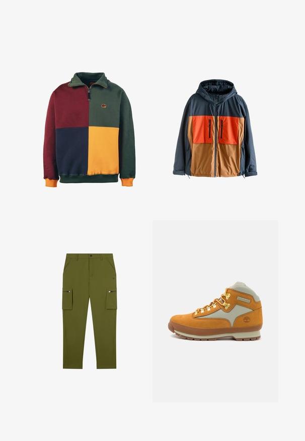 Kleurgeblokte jas met een marineblauw bovenstuk en oranje en bruine ondersecties. Beschikt over een capuchon, een ritssluiting aan de voorkant en twee met rits gesloten borstzakken.; Kleurenblokkering sweatshirt met groene, bordeauxrode, marineblauwe en mosterdsecties. Ritsontwerp met een olifantenlogo op de borst. Zachte textuur.; Olijf groene cargobroek met een rechte pasvorm, gemaakt van lichtgewicht stof; heeft zijzakken met ritsen en schuine voorkzakken.; Bruine suede wandelschoen met lichtgrijze stoffen panelen, gouden ogen, rubberen zool en Timberland-logo op de hiel gedrukt.