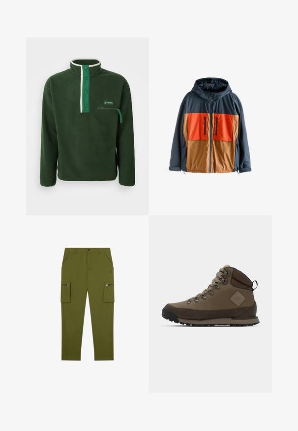 Chaqueta con bloques de color, con la parte superior en navy y las secciones inferiores en naranja y marrón. Presenta una capucha, cremallera frontal y dos bolsillos en el pecho con cremallera.; Polaire verde con cuello alto, que presenta una cremallera blanca en contraste, botones a presión y un bolsillo en el pecho con cremallera. Tejido texturizado.; Pantalones cargo verde oliva con ajuste recto, fabricados en un tejido ligero; cuentan con bolsillos laterales con cremalleras y bolsillos frontales con inclinación.; Botín de senderismo de corte medio en marrón, hecho de cuero y textil, con ojetes de metal, cordones, un cuello acolchado y una suela de goma negra resistente.