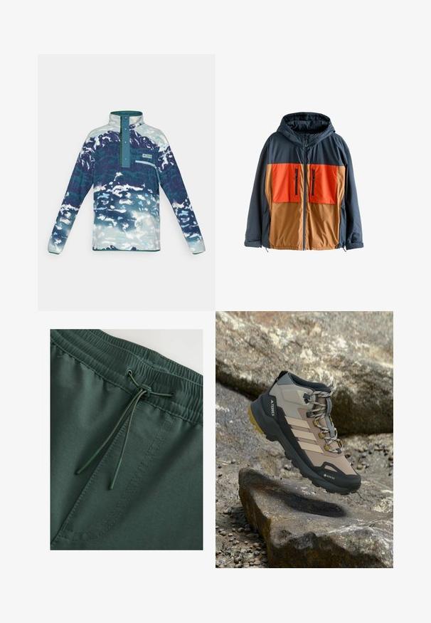 Farveblokkeret jakke med en marineblå overdel og orange samt brune undermidler. Har hætte, frontlynlås og to lynlåslommer på brystet.; Langærmet fleece-pullover med høj krave, trykknapper, brystlomme med lynlås og abstrakt mønster i blå-hvide nuancer.; Mørkegrønne sweat shorts med elastisk talje og snørelukning, glat tekstur og synlige stingdetaljer. Enkel, funktionel design.; Beige og sort vandrestøvle med Gore-Tex, Terrex branding og robust sål, der hænger over klippefyldt terræn.