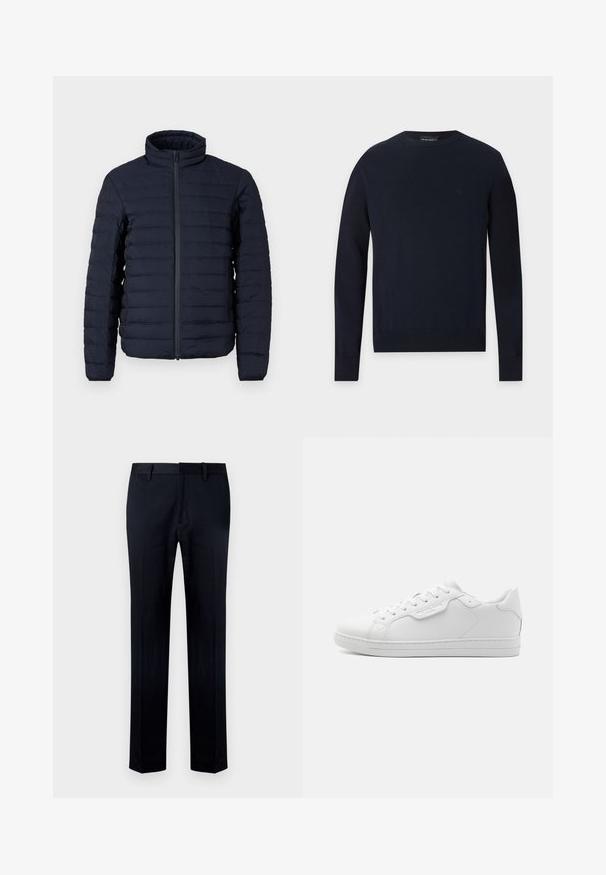 Marineblå dunjakke med høj krave, vandret quiltet mønster, lynlåslukning foran og en let, glat tekstur.; Marineblå crew neck langærmet sweater med ribbet manchetter og kant på en lysegrå baggrund.; Sorte bukser lavet af glat stof, med lige ben, linning med bæltestropper og lynlås i skridtet til lukning.; Hvide lædersneakers med afrundet tå, seks øjer, flade snørebånd og minimalistisk design. Har et lille logo på siden.