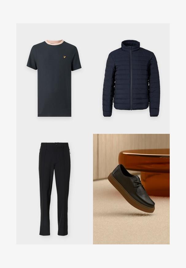 Navy blauwe donzen jas met een hoge kraag, horizontaal doorgestikt patroon, voorritssluiting en een lichtgewicht, gladde textuur.; Donker marineblauw T-shirt met korte mouwen, contrasterende lichtroze geribbelde kraag en een klein goudkleurig embleem op de borst. Zachte katoenen stof.; Zwarte, op maat gemaakte slim-fit broek met knopen aan de voorkant en ritszakken aan de zijkant, weergegeven tegen een witte achtergrond.; Zwarte leren casual schoen met bruine zool die boven een beige tapijt zweeft, met een glanzende bruine ronde tafel op de achtergrond.