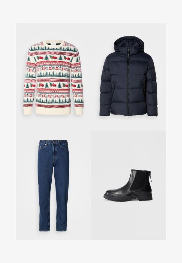Marineblauer Steppjacke mit Kapuze, ausgestattet mit horizontalen Steppnähten und einem Reißverschluss vorne. Enthält seitliche Taschen und Stoffakzente.; Strickpullover mit einer cremefarbenen Basis, roten und grünen Mustern von Bäumen, Lastwagen und Schneeflocken, mit gerippten Bündchen und Saum.; Dunkelblaue Jeans aus Denim mit geradem Bein, Fünf-Taschen-Stil und sichtbaren Nähten entlang der Nähte.; Schwarze Leder-Ankle-Boots mit einer glatten Oberfläche, elastischen Mesh-Seitenteilen und einer robusten Sohle mit sichtbarem Profil.