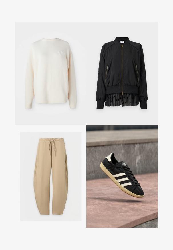 Blouson aviateur noir à fermeture éclair, avec col, poignets et ourlet côtelés, doté de poches latérales zippées et d'une extension en tissu noir à pois plissée.; Pull en polaire blanc, oversize, avec des poignets et un ourlet côtelés. Présente un petit logo ton sur ton sur la poitrine gauche. Texture douce et coupe décontractée.; Pantalon de survêtement beige à jambes larges avec taille élastique et cordon à l’avant, présenté à plat sur fond blanc.; Baskets Adidas noires avec des bandes blanches et une semelle beige, capturées en plein air au-dessus d'une surface en pierre et d'un mur en pierre en arrière-plan.