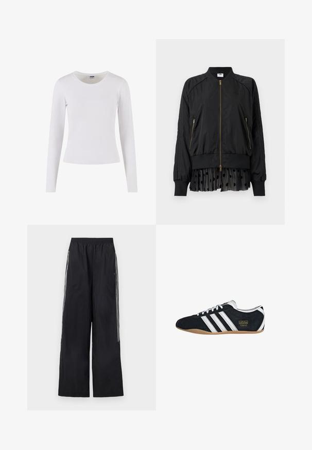 Blouson aviateur noir à fermeture éclair, avec col, poignets et ourlet côtelés, doté de poches latérales zippées et d'une extension en tissu noir à pois plissée.; T-shirt blanc à manches longues en coton doux, avec un col rond et une silhouette ajustée, sans motifs ni accents.; Pantalon de survêtement noir à jambes larges avec ceinture élastique et trois bandes blanches sur le côté de chaque jambe.; Sneakers en suede noir avec trois bandes blanches, logo doré et semelle en caoutchouc marron. Présente un design à lacets à profil bas.