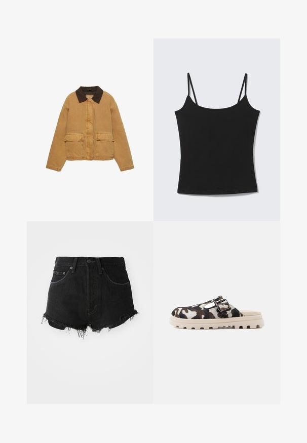 Brun lærredsjakke med en mørkebrun krave, lynlås foran og to store forlommer. Har en løs pasform og synlige syningsdetaljer.; Sort ærmeløs cropped tanktop med tynde skulderstropper og en lige halsudskæring på en lysegrå baggrund.; Sorte denim shorts med en frynset kant, klassisk fem-lomme design og metalknap lukning. Mor med høj talje og slidt tekstur.; Brun og creme camouflage slip-on sko med en tyk gummisål og en spænde-accent på siden. Blød tekstur og rundet form.
