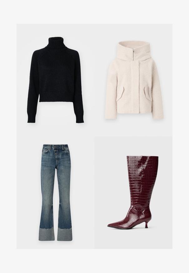 Veste en polaire texturée beige clair, avec un col haut, une fermeture éclair à l'avant et deux poches latérales. Présente une coupe décontractée et un tissu doux.; Pull en laine à col roulé sombre avec un design court, doté de poignets et d'un ourlet côtelés, et d'un tissage texturé sur l'ensemble.; Jean flare en denim bleu moyen avec taille haute, cinq boutons et ourlet effiloché. Présente un poignet plus clair en bas et une texture décolorée.; Bottes hauteur genou en cuir verni bordeaux à texture crocodile, bout pointu et talon bloc bas, présentant un design élégant et ajusté.