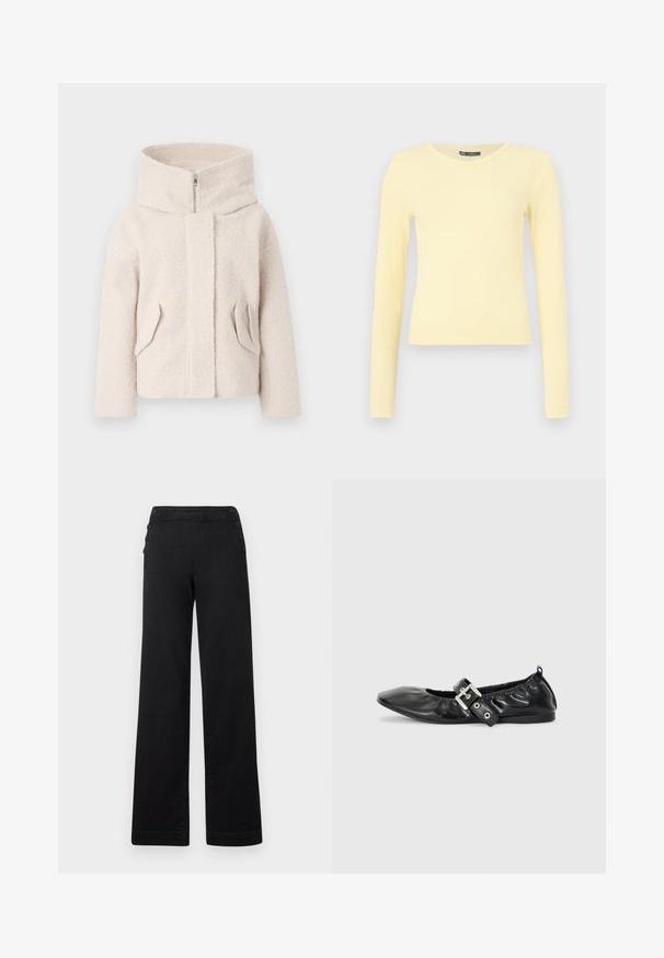 Lys beige, tekstureret fleecejakke med høj krave, frontlynlås og to sidelommer. Har en afslappet pasform og blødt materiale.; Lysegul ribstrikket langærmet skjorte med rund halsudskæring og let cropped kant mod en ensfarvet baggrund.; Sorte brede bukser med høj talje, knapdetaljer på siderne og en glat denimtekstur med en ren finish.; Sorte læder flade sko med spids tå, samling detaljer omkring åbningen, og en sølv spænde accent på den justerbare rem.
