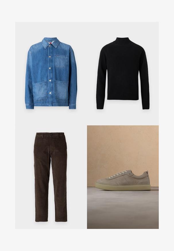 Denim jasje in middelblauw met een knoopsluiting aan de voorkant, spitse kraag, twee grote voorkruiden en een klein borstzakje. Glad textuur.; Zwarte coltrui met lange mouwen, gemaakt van zacht gebreid materiaal. Voorzien van een geribbelde kraag en zoom voor een aansluitende pasvorm.; Bruine corduroybroek met een recht model, voorzien van een knoopsluiting aan de voorkant en standaard riemlussen. Soepele textuur en een klassieke snit.; Beige suède sneaker met witte veters zwevend boven een gestructureerd beige tapijt, een ronde houten tafel en boeken in een neutrale woonkameromgeving.