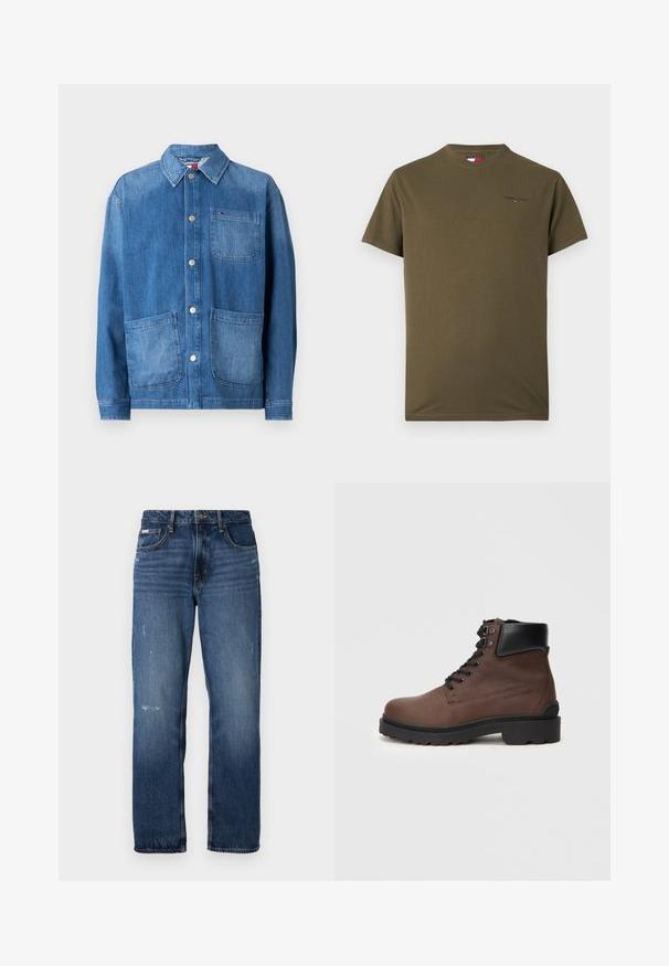 Denimjakke i mellemblå med knaplukning fortil, spidse krave, to store forlommer og en lille brystlomme. Glat tekstur.; Olivengrøn kortærmet bomulds-t-shirt med rund hals, lille "Tommy Jeans" logo på venstre bryst.; Blå denim jeans med lige ben design. Har slidte områder og let slitage på forsiden, med en klassisk knaplukning.; Brun læder ankelstøvle med tekstureret overflade, sorte accenter, rund tå og robust sål, der har seks hulle til snørebånd.