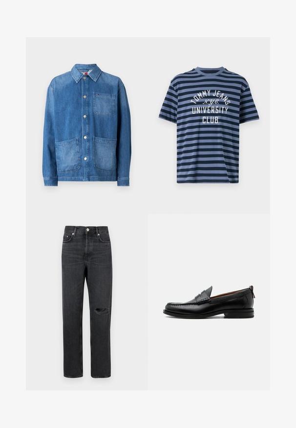 Jeansjacke in Mittelblau mit einer durchgehenden Knopfleiste, spitzem Kragen, zwei großen Fronttaschen und einer kleinen Brusttasche. Glatte Textur.; Tommy Jeans STRIPE TEE - T-Shirt print - dark night navy/blue moment; Schwarze Denim-Jeans mit geradem Bein, featuring ein zerrissenes Knie, Fünf-Taschen-Design und Metallbeschläge an der Taille und den Taschen.; Schwarzer Leder-Herrenschuh mit Mokassinnaht, Penny-Riemen, strukturiertem Kragen und niedrigem gestapeltem Absatz auf weißem Hintergrund.