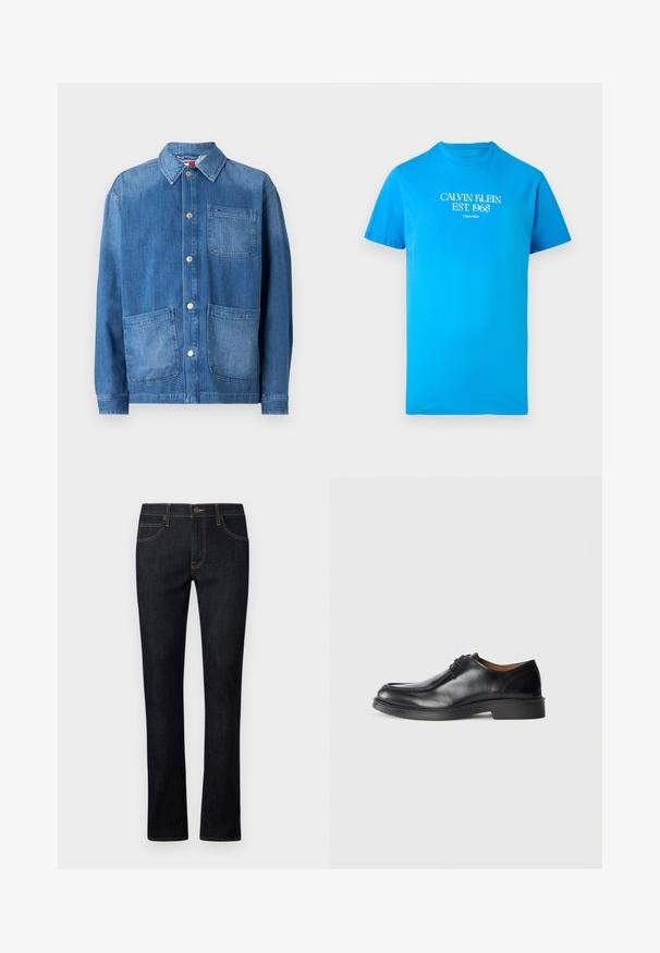 Denim jasje in middelblauw met een knoopsluiting aan de voorkant, spitse kraag, twee grote voorkruiden en een klein borstzakje. Glad textuur.; Felblauw T-shirt met korte mouwen met witte tekst "CALVIN KLEIN EST. 1968" gecentreerd op de borst.; Donkerblauwe denim jeans met een recht model, voorzien van oranje stiksels, een vijf-pocket ontwerp en een sluiting met een knoop aan de voorkant.; Zwarte leren dresschoenen met een ronde neus, een gladde afwerking, veters en een lage, gestructureerde rubberen zool. Strakke lijnen en een minimalistisch ontwerp.