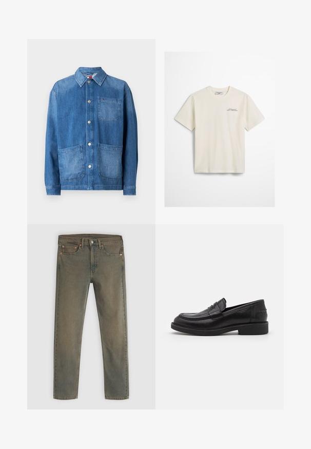 Jeansjacke in Mittelblau mit einer durchgehenden Knopfleiste, spitzem Kragen, zwei großen Fronttaschen und einer kleinen Brusttasche. Glatte Textur.; Weißes Baumwoll-T-Shirt mit kurzen Ärmeln, mit einem kleinen gedruckten Textlogo in dunkelgrün im linken Brustbereich. Rundhalsausschnitt, lässige Passform.; Dunkelgrüne Denim-Jeans mit geradem Beinanschnitt, fünf Taschen und Kupferhardware-Akzenten. Die verblasste Textur verleiht ein abgenutztes Aussehen.; Schwarze Lederloafer mit abgerundetem Zeh, farblich abgestimmtem Nähen und einem Riemendetail an der Vorderseite. Gummi-Sohle mit niedrigem Absatz.