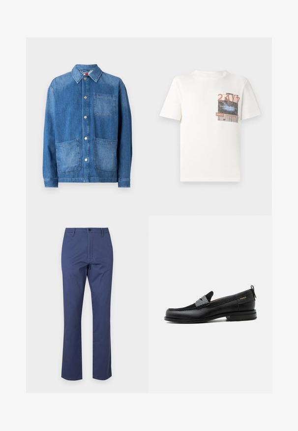 Veste en denim de bleu moyen avec un devant à boutons, un col pointu, deux grandes poches avant et une petite poche sur la poitrine. Texture lisse.; TOM TAILOR DENIM T-shirt imprimé - gardenia white; Pantalon en coton bleu marine avec une fermeture éclair, poches avant et une coupe droite. Texture lisse avec une fermeture à bouton à la taille.; Mocassin en cuir noir avec détail de bride grise, talon bas et semelle texturée, marqué "HUGO" en or sur le côté.
