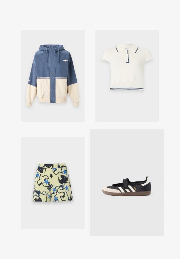 Veste à capuche en velours côtelé bleu et beige avec boutons-pression sur le devant, cordons, deux poches et petits écussons brodés sur la poitrine et la manche.; Polo en maille blanche à manches courtes avec bordure marine sur le col, la patte de boutonnage et l'ourlet, présentant une texture côtelée.; Shorts beiges courts présentant un motif abstrait d'oiseaux noirs et d'étoiles bleues dispersés sur le tissu.; Baskets noires et beiges avec une bride en velcro, trois bandes blanches sur le côté, et une semelle en caoutchouc marron texturée. Logo de la marque visible.