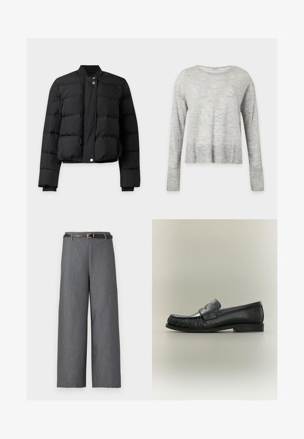 Veste bomber matelassée noire avec fermeture à boutons-pression et col et poignets côtelés, présentée sur un fond gris clair.; Pull gris clair à manches longues avec un col rond et une coupe légèrement ample, présenté sur un fond clair uni.; Pantalon gris à jambes larges et taille haute, associé à une fine ceinture noire avec une petite boucle dorée.; Mocassin penny en cuir noir avec détail plissé au bout et talon bas empilé, vu de côté sur un fond neutre.