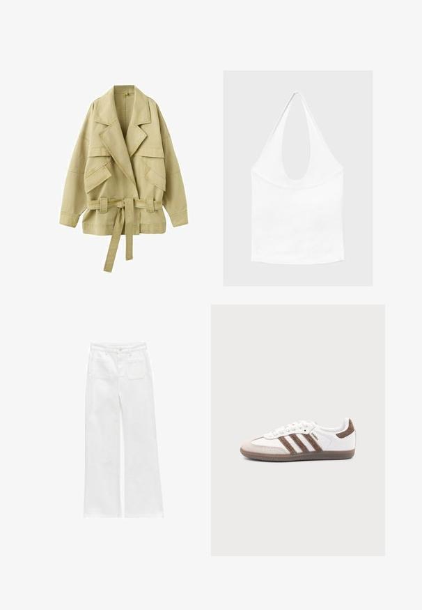 Beige oversized jakke med brede revers, store klaplommer, lange ærmer og et stofbælte bundet i taljen.; Hvid ærmeløs haltertop med dyb, rund udskæring og tætsiddende talje, vist mod en enkel lys baggrund.; Hvide vide bukser lavet af denim, med knaplukning, fem lommer og en ren finish uden synlige dekorationer.; Hvid Adidas Samba sneaker med brune ruskindstriber, brun gummisål og beige ruskindståhætte, vist fra ydersiden på en ensfarvet baggrund.
