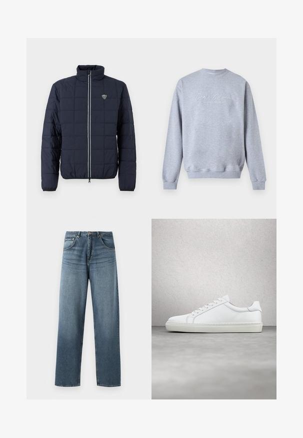 Mørkeblå quiltet jakke med lynlås foran, opretstående krave, elastiske manchetter og lille EA7-logo på brystet.; Lysegrå crewneck sweatshirt med lange ærmer og hvid skrift "Carlo Colucci" samt en mindre undertitel "A Legacy Since 1978" foran.; Lige ben blå denim jeans med en falmet vask, der har fem lommers design, metallisk knap og bæltestropper. Struktureret, medium vægt stof.; Hvide sneakers med en glat læderoverdel og lav profil. Har en rund tå, seks snørehuller og en tekstureret gummisål.