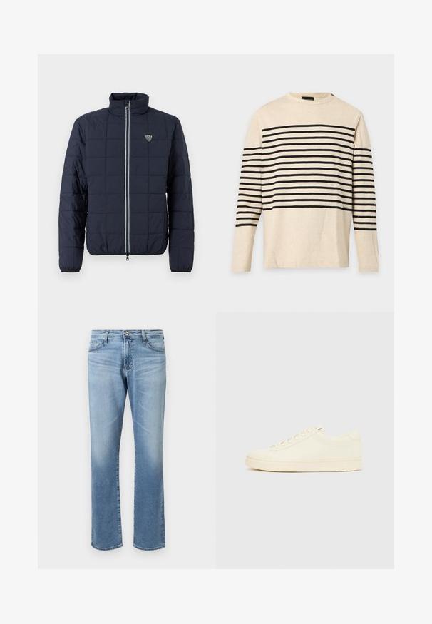 Marineblauwe doorgestikte jas met ritssluiting aan de voorkant, opstaande kraag, elastische manchetten en klein EA7-logo op de borst.; Beige overhemd met lange mouwen met horizontale zwarte strepen over de borst en mouwen, ronde hals en slim fit ontwerp.; Lichtblauwe denim jeans met een recht gesneden design. Kenmerken zijn een sluiting met een frontknop en een vijf-pocket stijl met een lichte vervaging.; Slofkleurige sneaker met een glad leren bovenwerk, ronde neus, vetersluiting en een geribbelde rubberen zool. Minimalistisch ontwerp, zonder logo's.