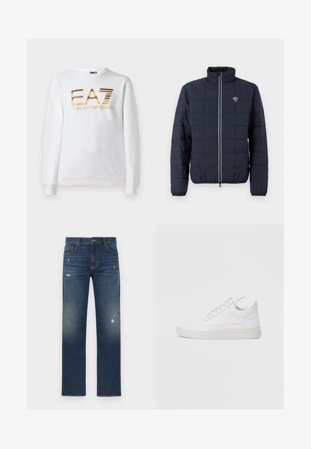 Chaqueta acolchada azul marino con cremallera frontal, cuello alto, puños elásticos y pequeño logo EA7 en el pecho.; Sudadera blanca de algodón con mangas largas y cuello redondo. Presenta un logo metálico dorado "EA7 EMPORIO ARMANI" en la parte delantera.; Jeans de mezclilla azul con diseño de pierna recta, con desgaste y decoloración ligera, cinco bolsillos y cierre de botón en la cintura.; Zapatilla blanca de cuero con punta redondeada, suela plana y cierre de cordones. Presenta detalles de costuras y un cuello acolchado para mayor comodidad.
