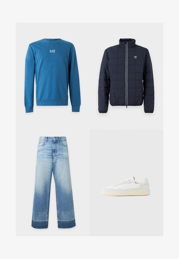 Veste matelassée bleu marine avec fermeture éclair frontale, col montant, poignets élastiques, et petit logo EA7 sur la poitrine.; Sweat-shirt bleu manches longues col rond avec logo blanc "EA7 Emporio Armani" centré sur la poitrine.; Jean en denim bleu clair à coupe large avec des détails délavés et des blocs de couleur plus foncés près de l'ourlet, bouton devant et poches visibles.; Baskets blanches avec dessus en daim et cuir texturé. Caractérisées par un bout arrondi, une fermeture à lacets et une semelle en caoutchouc beige contrastante.