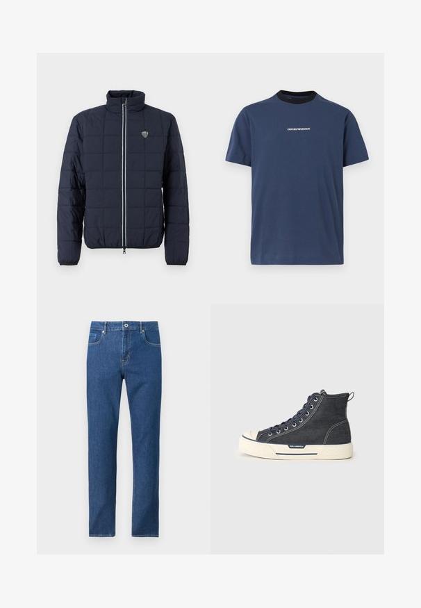 Marineblauwe doorgestikte jas met ritssluiting aan de voorkant, opstaande kraag, elastische manchetten en klein EA7-logo op de borst.; Navyblauw T-shirt met korte mouwen, zwarte ronde hals en klein wit Emporio Armani-logo gecentreerd op de borst.; Blauwe denim jeans met rechte pijpen, voorzien van een knoop- en ritssluiting aan de voorkant, met voor- en achterzakken, afgebeeld op een effen witte achtergrond.; Hoge sneakers van donker denim met een crème rubberen zool, voorzien van marineblauwe veters en een trekhaak aan de achterkant. Logo op de zijkant.