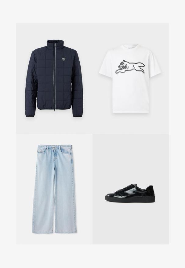 Marineblauwe doorgestikte jas met ritssluiting aan de voorkant, opstaande kraag, elastische manchetten en klein EA7-logo op de borst.; Wit katoenen t-shirt met een zwarte afbeelding van een springende kat met overdreven gelaatsuitdrukkingen, waaronder een brede grijns en gestileerde contouren.; Lichtblauwe spijkerbroek met wijde pijpen en een klassiek vijf-pocketontwerp, voorzien van een standaard tailleband en een onafgewerkte zoom. Zachte denimtextuur met lichte vervaging.; Zwarte gepatenteerde leren sneakers met een ronde neus, vetersluiting, een gestructureerde rubberen zool en een glanzende afwerking.