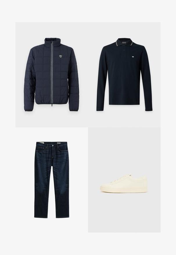 Veste matelassée bleu marine avec fermeture éclair frontale, col montant, poignets élastiques, et petit logo EA7 sur la poitrine.; Polo bleu marine à manches longues avec deux boutons, logo blanc sur la poitrine et col à fines rayures blanches et beiges.; Jean bleu foncé à jambes droites avec poches avant et arrière, fermeture par boutons et détails de whiskering subtils sur les cuisses.; Baskets couleur crème avec une tige en cuir lisse, bout arrondi, laçage à l'avant et semelle en caoutchouc texturée. Design minimaliste, sans logo.