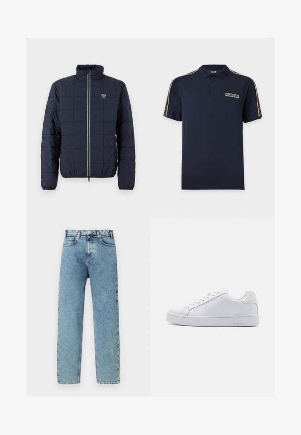 Mørkeblå quiltet jakke med lynlås foran, opretstående krave, elastiske manchetter og lille EA7-logo på brystet.; Mørkeblå kortærmet poloshirt med knaplukning i kraven og mærkede EA7 Emporio Armani striber på skuldrene samt brystlogo mærkat.; Lyseblå denimjeans med lige ben, fem lommer og lukning med messingknap. Stoffet har et let tekstureret, falmet udseende.; Hvide lædersneakers med en glat overflade, rund tå, snørebånd foran og flad gummisål. Har prægede branding på hælen.