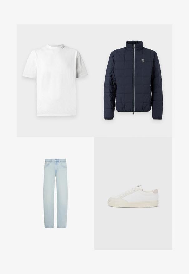 Marineblaue, gesteppte Jacke mit durchgehendem Reißverschluss, Stehkragen, elastischen Bündchen und kleinem EA7-Logo auf der Brust.; Weißes Kurzarm-T-Shirt mit Rundhalsausschnitt, das über eine subtile Textur und ein kleines Logodetail auf der linken Schulter verfügt.; Hellblaue Denim-Jeans mit geradem Bein, vorderem Knopf- und Reißverschluss, Gürtelschlaufen und Vordertaschen.; Weißer Sneaker mit strukturiertem Canvas-Obermaterial, glatten beigen Akzenten an der Ferse und einer Gummisohle. Verfügt über eine abgerundete Zehenpartie und ein Schnürdesign.