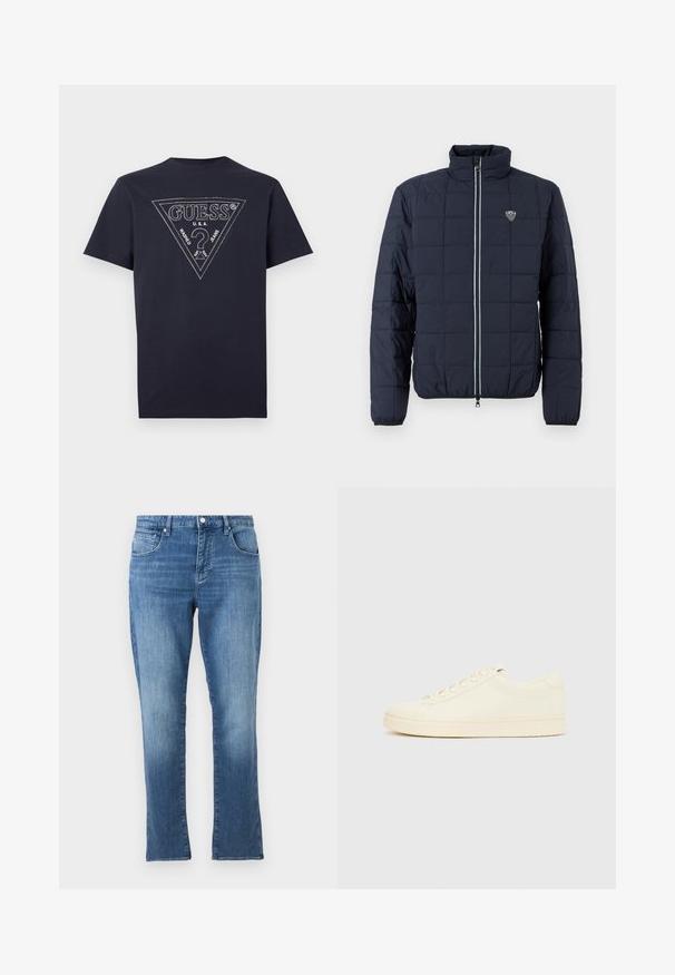 Jachetă matlasată bleumarin cu fermoar frontal, guler ridicat, manșete elastice și logo mic EA7 pe piept.; Tricou negru cu mâneci scurte, cu un logo Guess triunghiular mare cusut, care include un semn de întrebare și textul „U.S.A. Washed Jeans” pe față.; Jeans din denim albastru cu croială cu picior drept, închidere frontală cu nasturi și fermoar și design cu cinci buzunare, afișați pe un fundal simplu și deschis.; Pantof sport de culoare crem, cu partea superioară din piele netedă, vârf rotunjit, închidere cu șireturi și talpă din cauciuc texturată. Design minimalist, fără logo-uri.